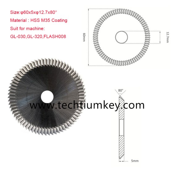 Angle Miling Cutter  Size:φ60x5xφ12.7x80° Material :HSS M35 Coating Suit for machine: GL-030,GL-320,FLASH008