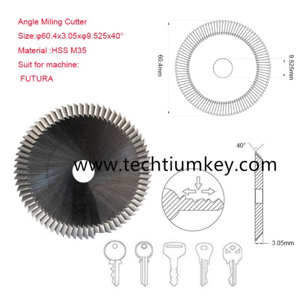 Angle Miling Cutter Size:φ60.4x3.05xφ9.525x40° Material : HSS M35  Suit for machine:  FUTURA