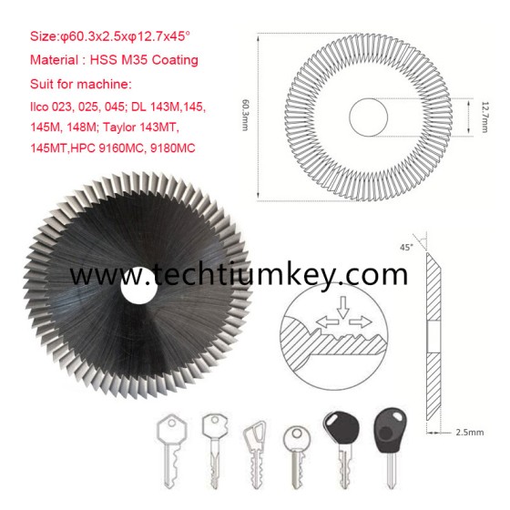 Angle Miling Cutter  Size:φ60.3x2.5xφ12.7x45° Material : HSS M35 Coating Suit for machine: Ilco 023, 025, 045; DL 143M,145, 145M, 148M; Taylor 143MT,145MT,HPC 9160MC, 9180MC