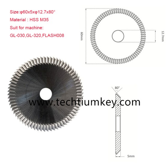 Angle Miling Cutter  Size:φ60x5xφ12.7x80° Material : HSS M35 Suit for machine: GL-030,GL-320,FLASH008