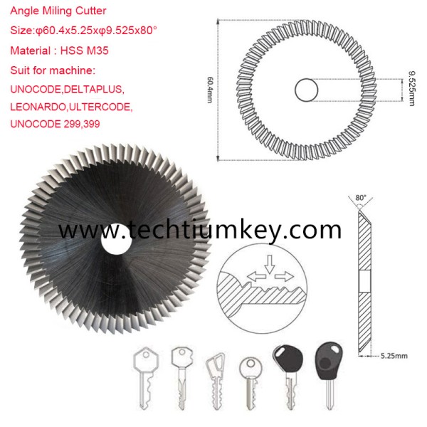 Angle Miling Cutter  Size:φ60.4x5.25xφ9.525x80° Material : HSS M35 Suit for machine: UNOCODE,DELTAPLUS,LEONARDO,ULTERCODE,UNOCODE 299,399